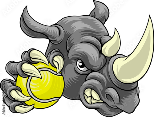 A Rhino Rhinoceros mean tough cartoon sports animal mascot holding a tennis ball photo