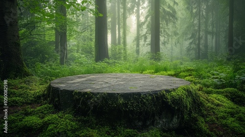 Serene Forest Scene with Moss-Covered Tree Stump