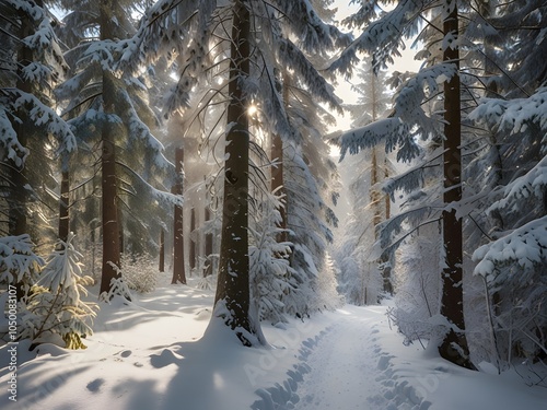 Serene Snowy Sunrise in the Winter Forest photo