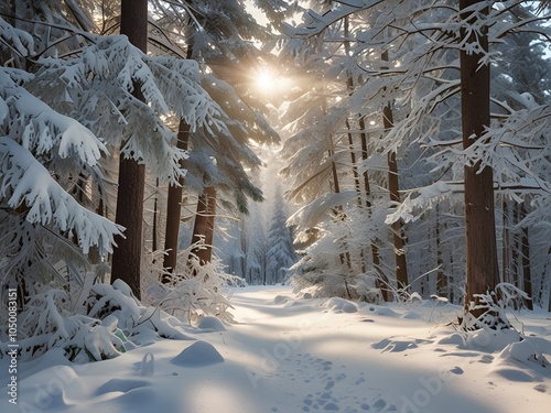 Serene Snowy Sunrise in the Winter Forest photo