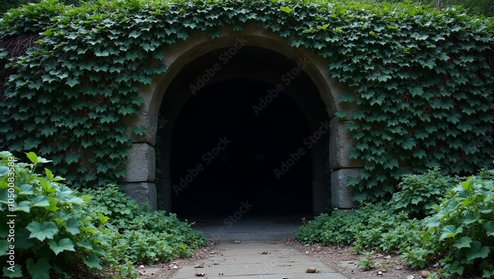 Fototapeta premium Enchanting cave entrance with ivy hinting at hidden wonders