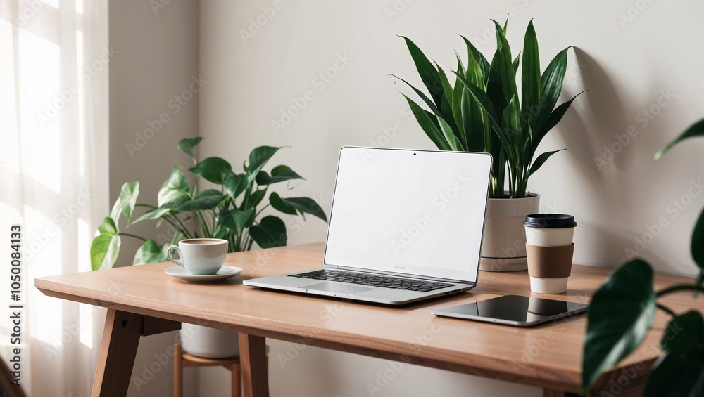 Modern Home Office Desk with Laptop and Plants Modern Home Office Desk with Laptop and Plants