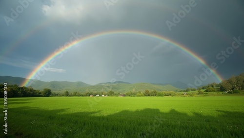 Rainbow over lush valley symbol of hope and renewal