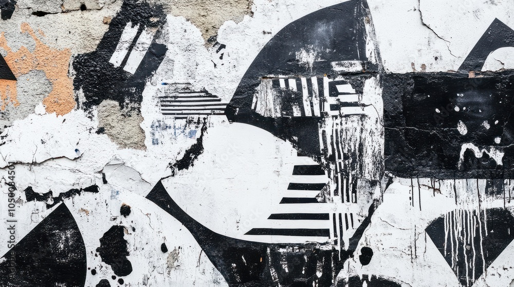 Naklejka premium Beautiful black and white street art graffiti background. The wall is decorated with abstract drawings house paint. Modern style urban culture of street youth. Abstract picture on wall