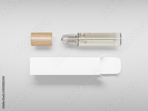 Roller bottle mockup, wood cap, clear glass roller bottle and paper box mockup, aroma oil roll on packaging, cylindrical shape essential oil container, luxury liquid cologne packaging on background