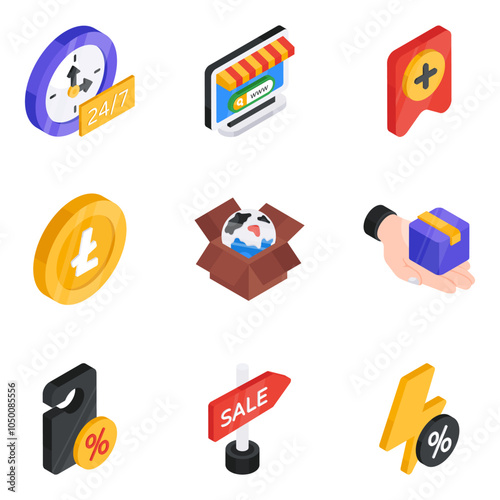 Pack of Shopping and Ecommerce Flat Isometric Icon 

