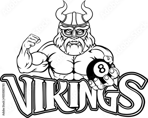 A viking angry mean pool billiards mascot cartoon character holding a black 8 ball.