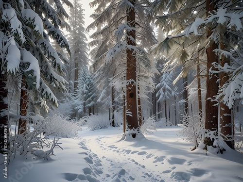 Serene Snowy Sunrise in the Winter Forest photo