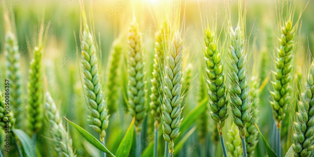 Close-up view of fresh young green ears of wheat in morning sunlight. Generative AI Close-up view of fresh young green ears of wheat in morning sunlight. Generative AI