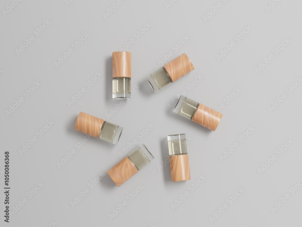 Small cylindrical liquid cosmetic bottles mockup, 1 ml empty labeled wood cap and clear glass bottles packaging isolated on clean background, short liquid tube containers, sample product bottle mockup Small cylindrical liquid cosmetic bottles mockup, 1 ml empty labeled wood cap and clear glass bottles packaging isolated on clean background, short liquid tube containers, sample product bottle mockup
