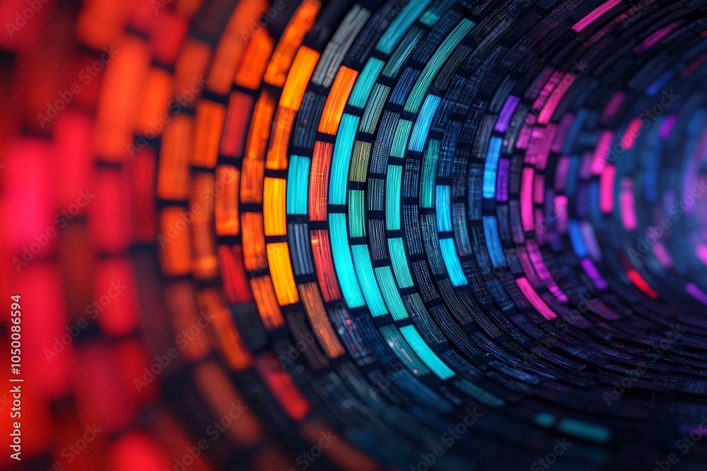 Obraz premium Circular tunnel of multicolored data streams forming a dynamic vortex pattern in digital space