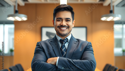 Hispanic man, business or portrait in office with arms crossed and smile, pride for career with justice. Male advocate, confidence or happy at law firm for legal job with corporate, lawyer or adviso photo