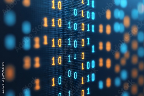 Blue and gold binary data pattern floating in dark space, illustrating encrypted information flows