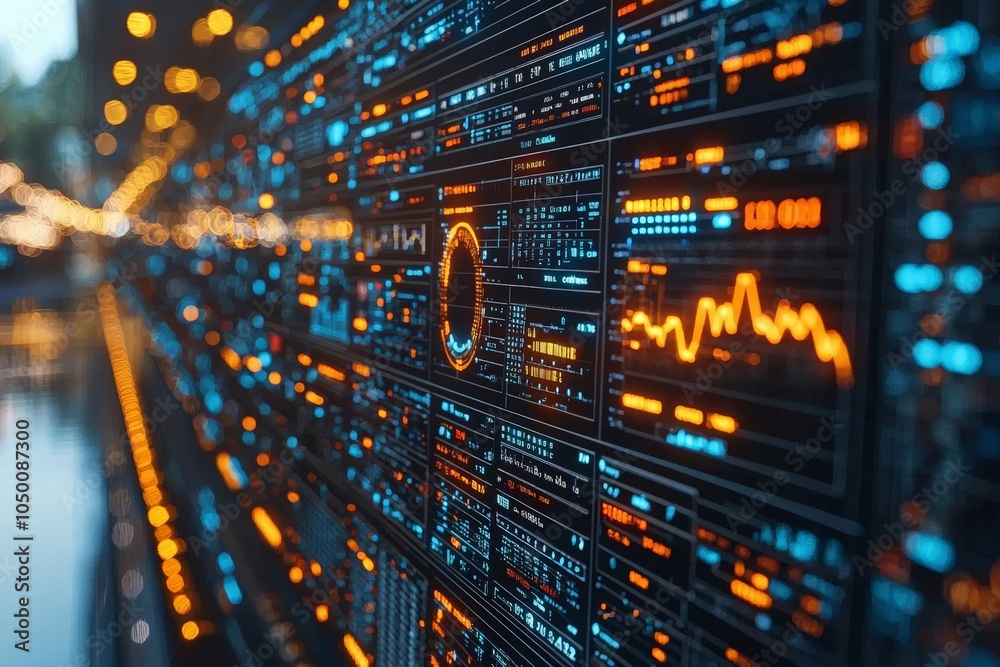 Naklejka premium Digital dashboard with orange data points exploding outward, displaying real-time information analytics