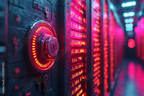 Circular red interface lock mechanism with digital code display, representing advanced cybersecurity system