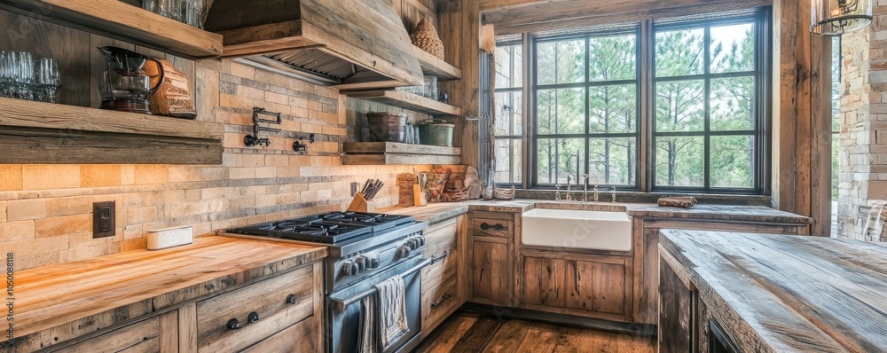 A rustic kitchen equipped with a farmhouse sink, wooden cabinets, and open shelves. high quality illustration A rustic kitchen equipped with a farmhouse sink, wooden cabinets, and open shelves. high quality illustration