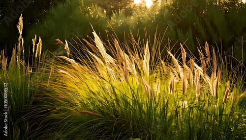 sunlight reveals bushgrass feathertop calamagrostis epigejos varying foliage textures natural habitats photo