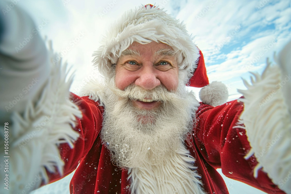 New Year's and Christmas Xmas celebration miracle concept. Santa Claus takes selfie looks into camera outside in winter on background New Year's and Christmas Xmas celebration miracle concept. Santa Claus takes selfie looks into camera outside in winter on background