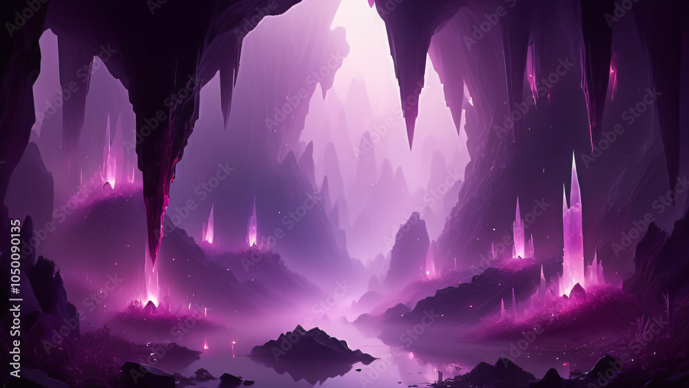An ethereal arrangement of magenta crystals shines within ambient purple mist, depicting a surreal and mysterious ambiance in a fantastical cave setting An ethereal arrangement of magenta crystals shines within ambient purple mist, depicting a surreal and mysterious ambiance in a fantastical cave setting
