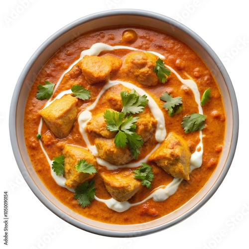 top view of butter chicken in white bowl 