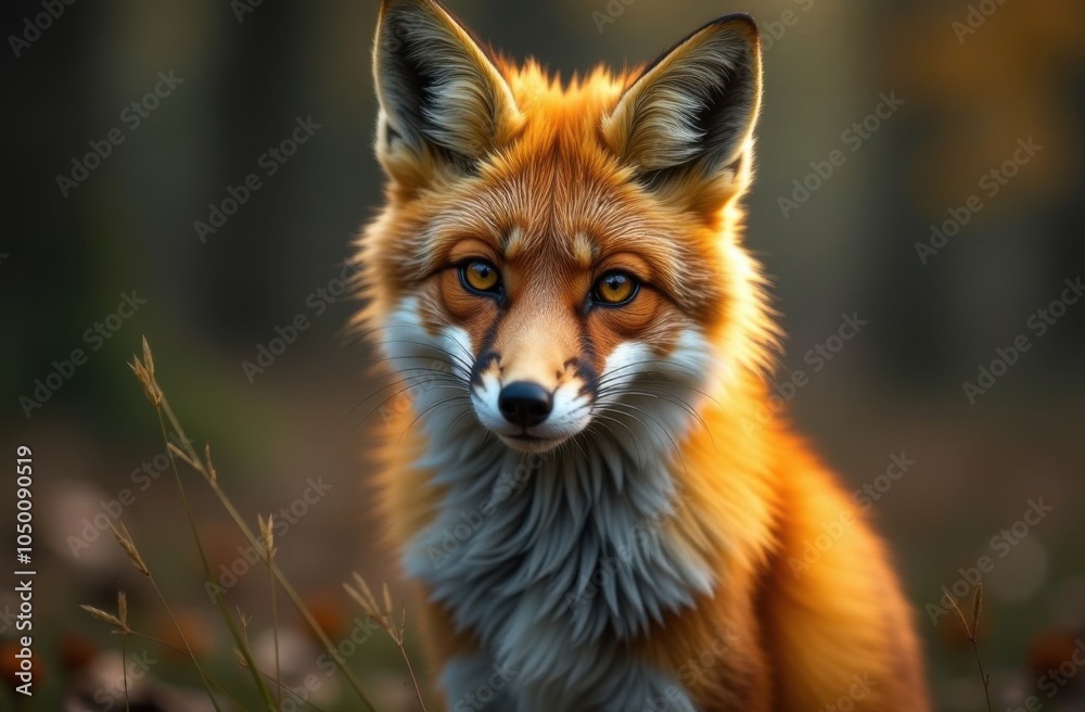 Fototapeta premium Red Fox Vulpes vulpes, close-up portrait with bokeh forest in the background looking at camera