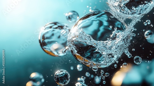 An intricate close-up of water bubbles captured mid-motion with reflections, highlighting the delicate beauty of aquatic environments and the fluidity of nature.