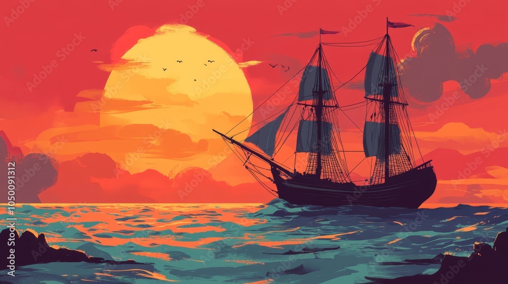 Naklejka premium Majestic Sailing Ship Against a Vibrant Sunset