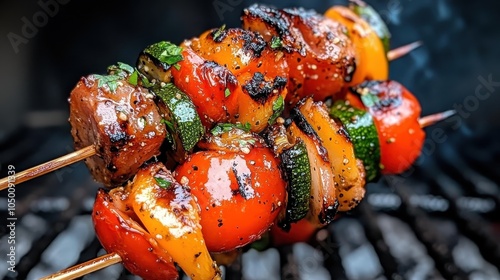 A close-up view of perfectly grilled vegetable and meat skewers sizzling on a grill, radiating warmth and the delightful aromas of a barbecue, ideal for outdoor cooking. photo