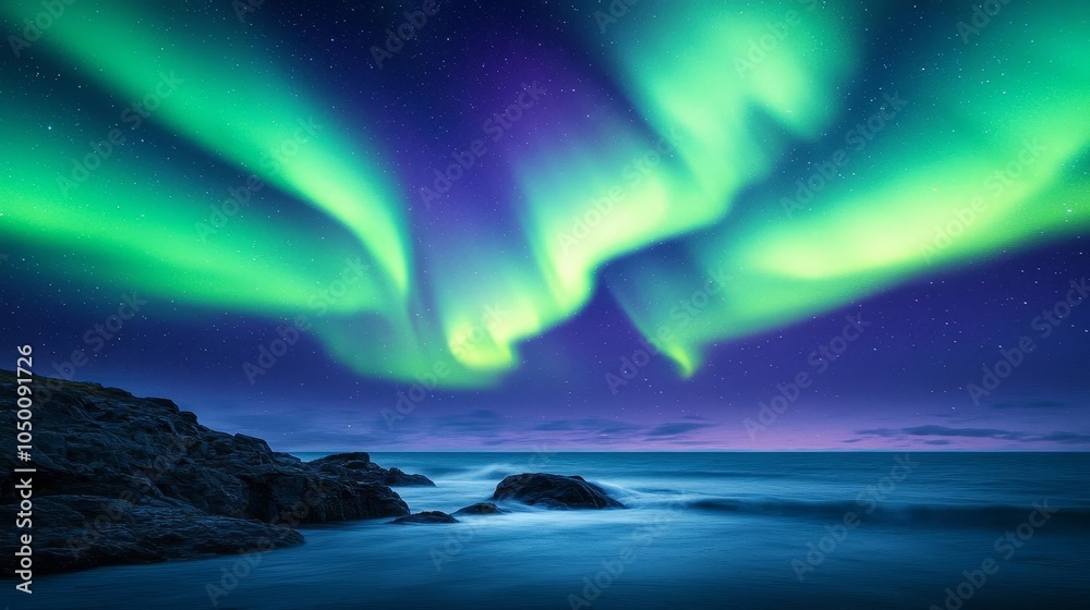 Naklejka premium Vibrant northern lights over a quiet, jagged coastline, ocean waves softly lapping against rocks under a sky painted in neon greens and purples Northern lights, coastal scene