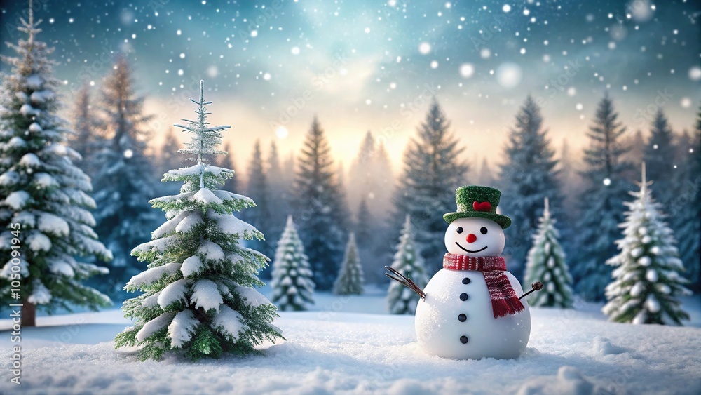 Obraz premium A lone snowman stands in a winter wonderland surrounded by evergreen trees and bare branches, bare branches, winter wonderland, frosty landscape, snow-covered forest