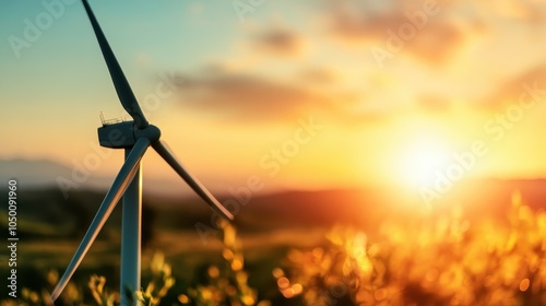 A wind turbine stands tall in silhouette against a vibrant and breathtaking sunset landscape, symbolizing renewable energy and the beauty of sustainable power. photo