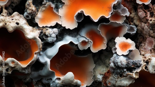 A close-up image showcasing intricate, colorful lichen formations with orange and gray hues, highlighting nature's complex textures and vibrant details. photo