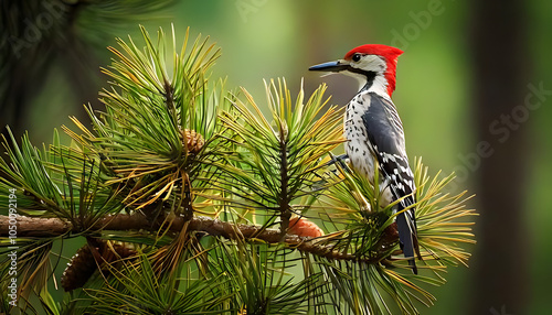 woodpecker pecks pine tree branch forest