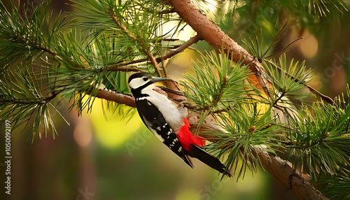 woodpecker pecks pine tree branch forest