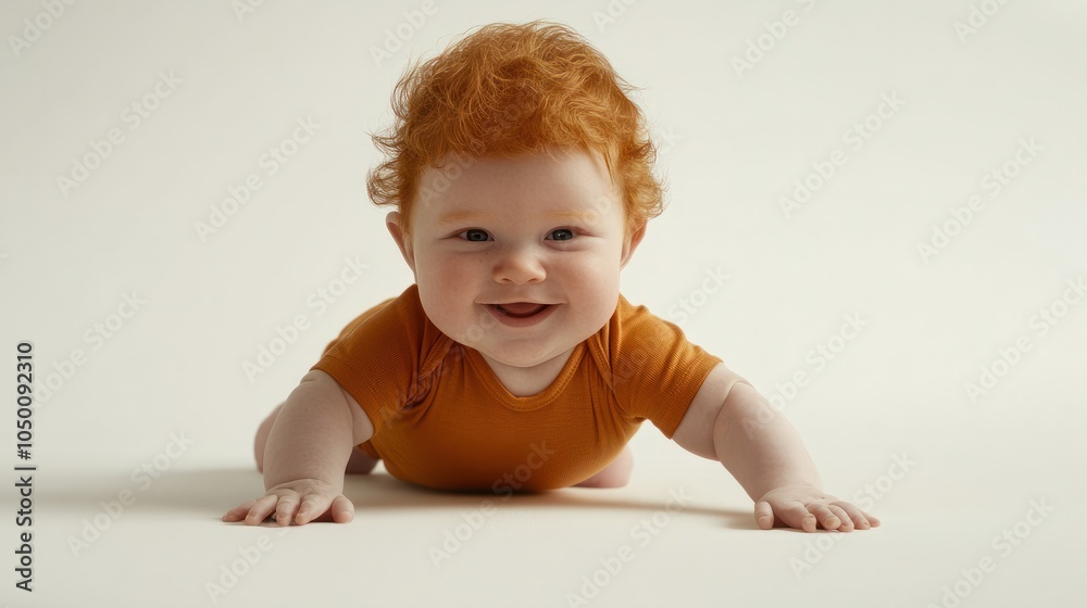 Chubby ginger baby boy in bodysuit, barefoot. He smiling, creeping on floor isolated on white background. Close up, copy space Chubby ginger baby boy in bodysuit, barefoot. He smiling, creeping on floor isolated on white background. Close up, copy space