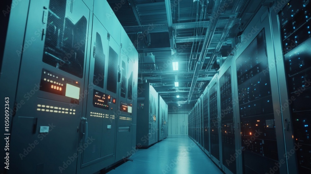 Fototapeta premium Cloud computing power room with generator array Tier 4 compliance