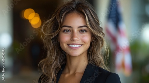 a photograph of a 23 year old latinamerican girl dressed cool and fashion. she has a warm demeanor , smiling happily she is standing at an american moderan office there is a usa flag behin