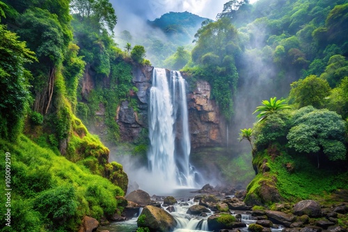 A misty waterfall cascading down a rocky cliffside, surrounded by dense foliage and vibrant greenery, nature scenes, water bodies, scenery, landscape