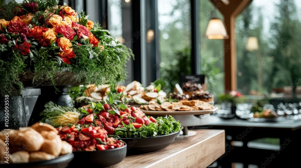An abundant spread of fresh, vibrant food and lush floral arrangements set on wooden tables, underlining the lavish and inviting ambiance in a sunlit space. An abundant spread of fresh, vibrant food and lush floral arrangements set on wooden tables, underlining the lavish and inviting ambiance in a sunlit space.