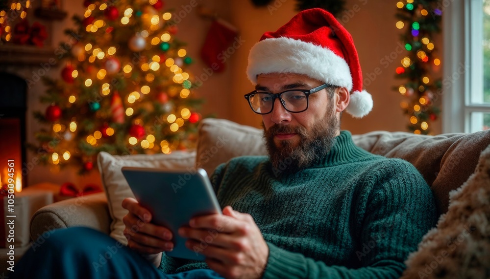 Man in Santa hat sitting using tablet near Christmas tree Man in Santa hat sitting using tablet near Christmas tree