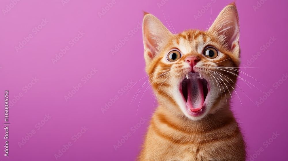 An adorable ginger kitten with wide eyes and an open mouth conveying surprise, set against a cheerful purple backdrop, capturing lively and cute feline moments. An adorable ginger kitten with wide eyes and an open mouth conveying surprise, set against a cheerful purple backdrop, capturing lively and cute feline moments.