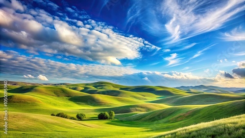 A serene landscape of rolling hills and a bright blue sky with a few wispy clouds, countryside scenery, nature landscapes, scenic vistas, sunny landscape