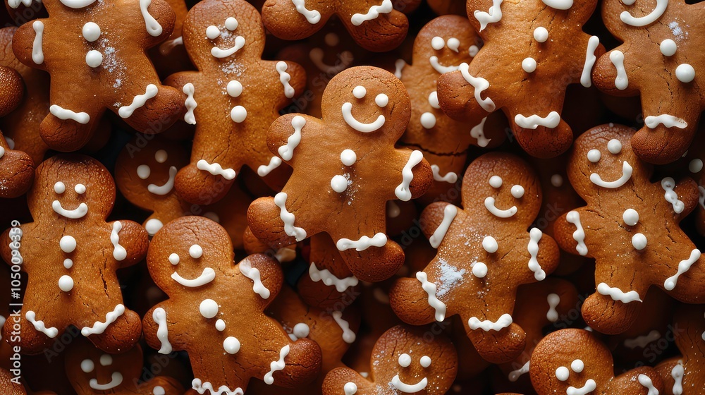 A close-up shot of gingerbread men cookies, showing the white frosting and sprinkles. A close-up shot of gingerbread men cookies, showing the white frosting and sprinkles.