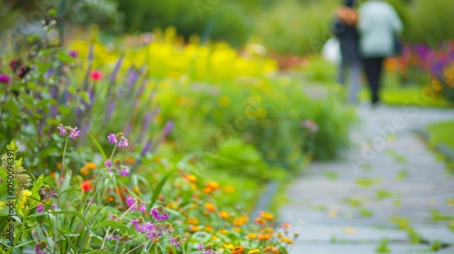 Fototapeta Naklejka Na Ścianę i Meble -  A serene healthcare garden with patients walking and relaxing among flowers against a natural green background, macro shot, Realistic style