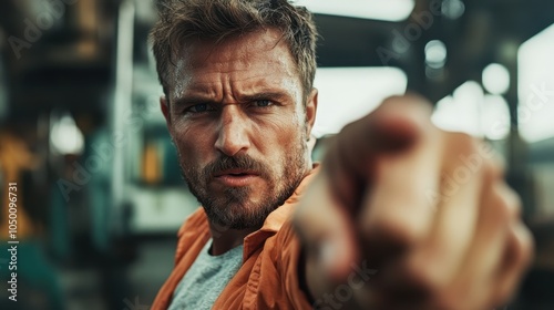 Wallpaper Mural A rugged man with a serious expression points towards the camera, conveying a sense of urgency and focus, amid an industrial background enhancing the gritty mood. Torontodigital.ca