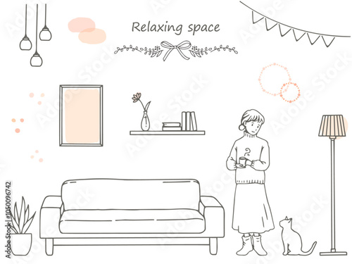 手描きのおしゃれな部屋と女性と猫の線画イラスト素材セット