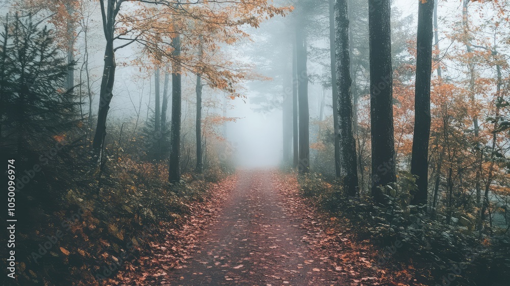 A remote forest trail enveloped in thick mist, with fallen leaves and damp earth underfoot, creating a serene yet mysterious journey into the unknown A remote forest trail enveloped in thick mist, with fallen leaves and damp earth underfoot, creating a serene yet mysterious journey into the unknown