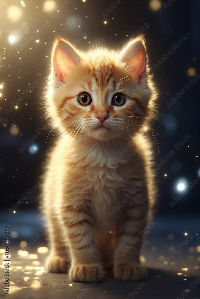 Adorable Little Kitten Standing in the Darkness with Magical New Year's Lights Adorable Little Kitten Standing in the Darkness with Magical New Year's Lights