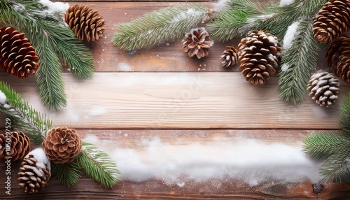 Peaceful winter scene with pine cones, fir branches, and snow