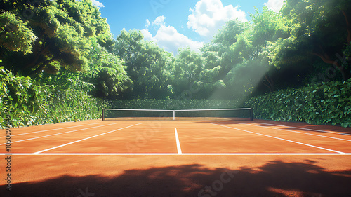 Brightly lit clay tennis court with crisp white lines, surrounded by lush green trees, creating a vibrant and anticipatory atmosphere before a match.
